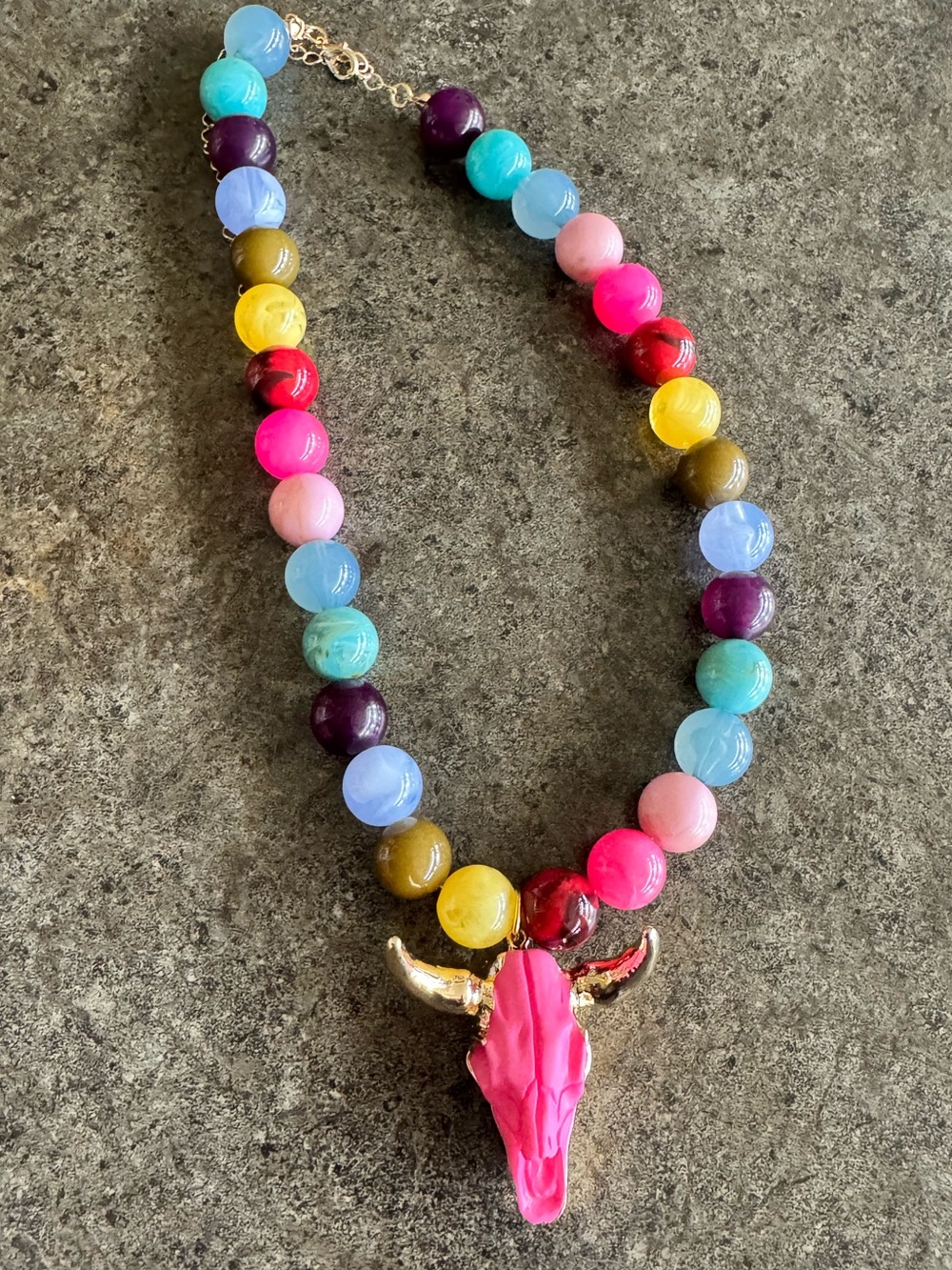 Colorful Rainbow Beaded Necklace Pink Bull Cow Skull Western Pride Nashville